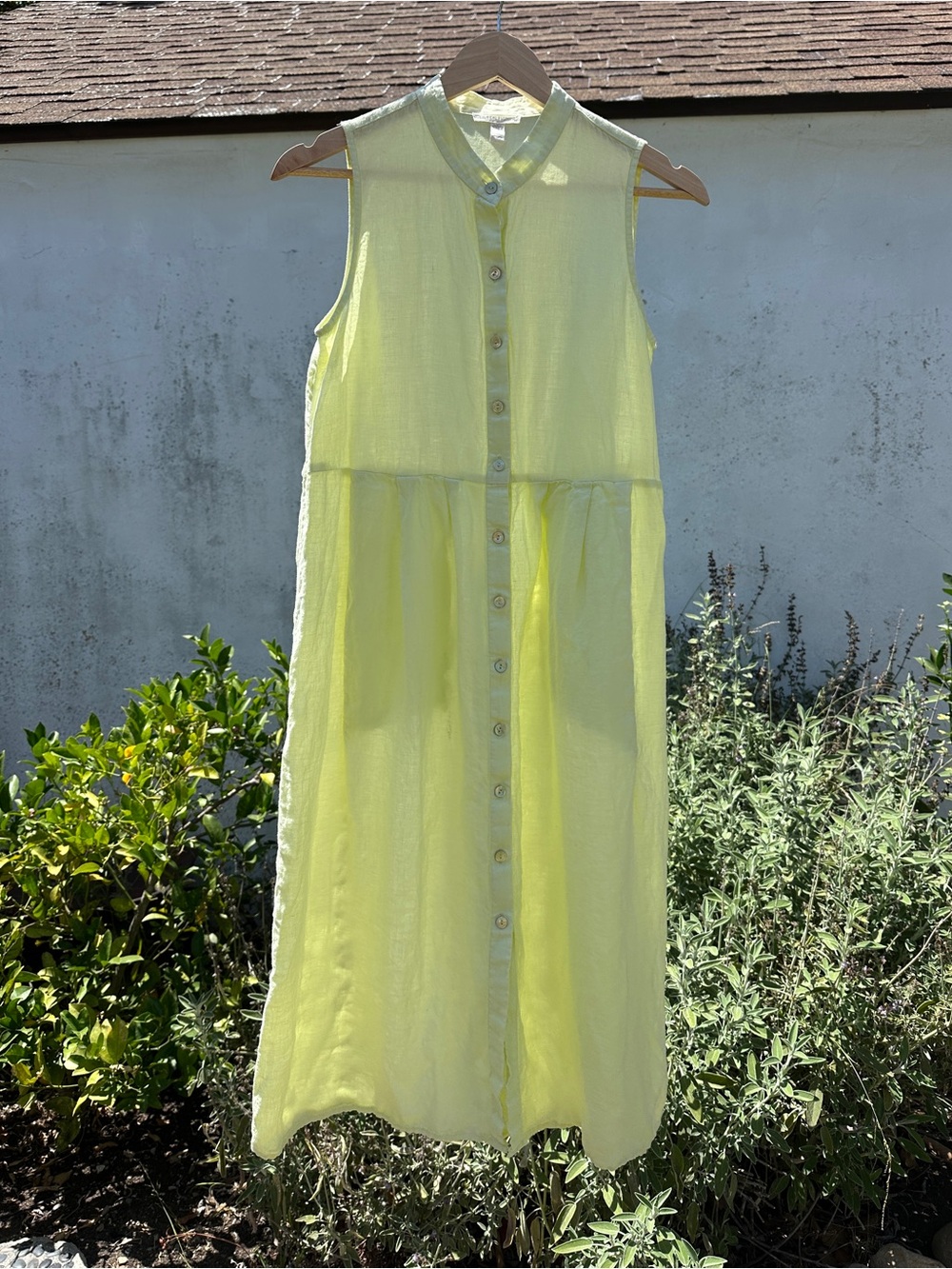 Eileen Fisher 100% organic linen button front yellow sleeveless dress